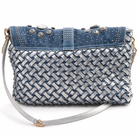 Boutique Denim & Silver Woven Crossbody Bag Rhinestone Stud Flap Boho Western - Picture 2 of 6